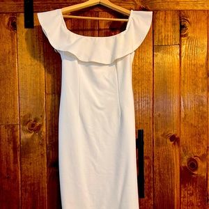 Lulus City Nights Ivory Ruffled Off-the-Shoulder Midi Dress